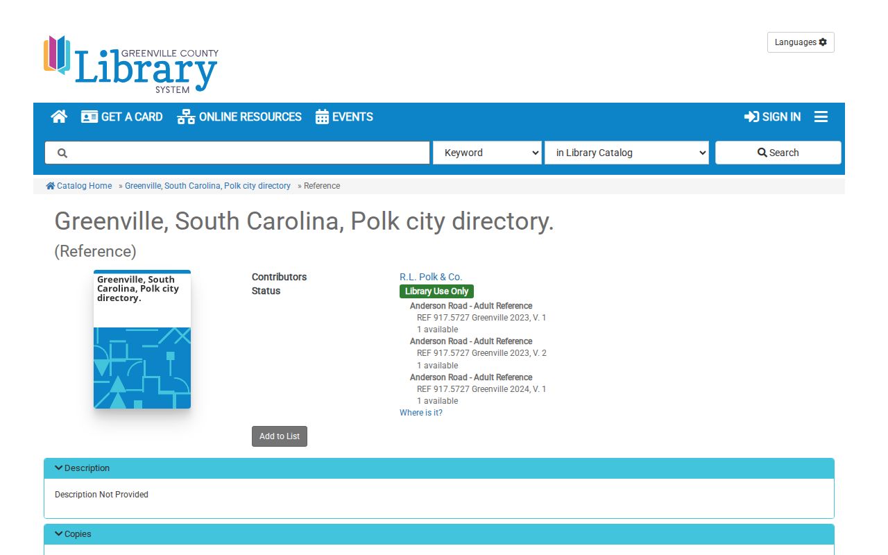 Greenville County city directory later Polk catalog record