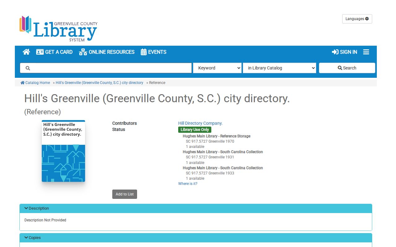 Greenville County city directory Hill's catalog record