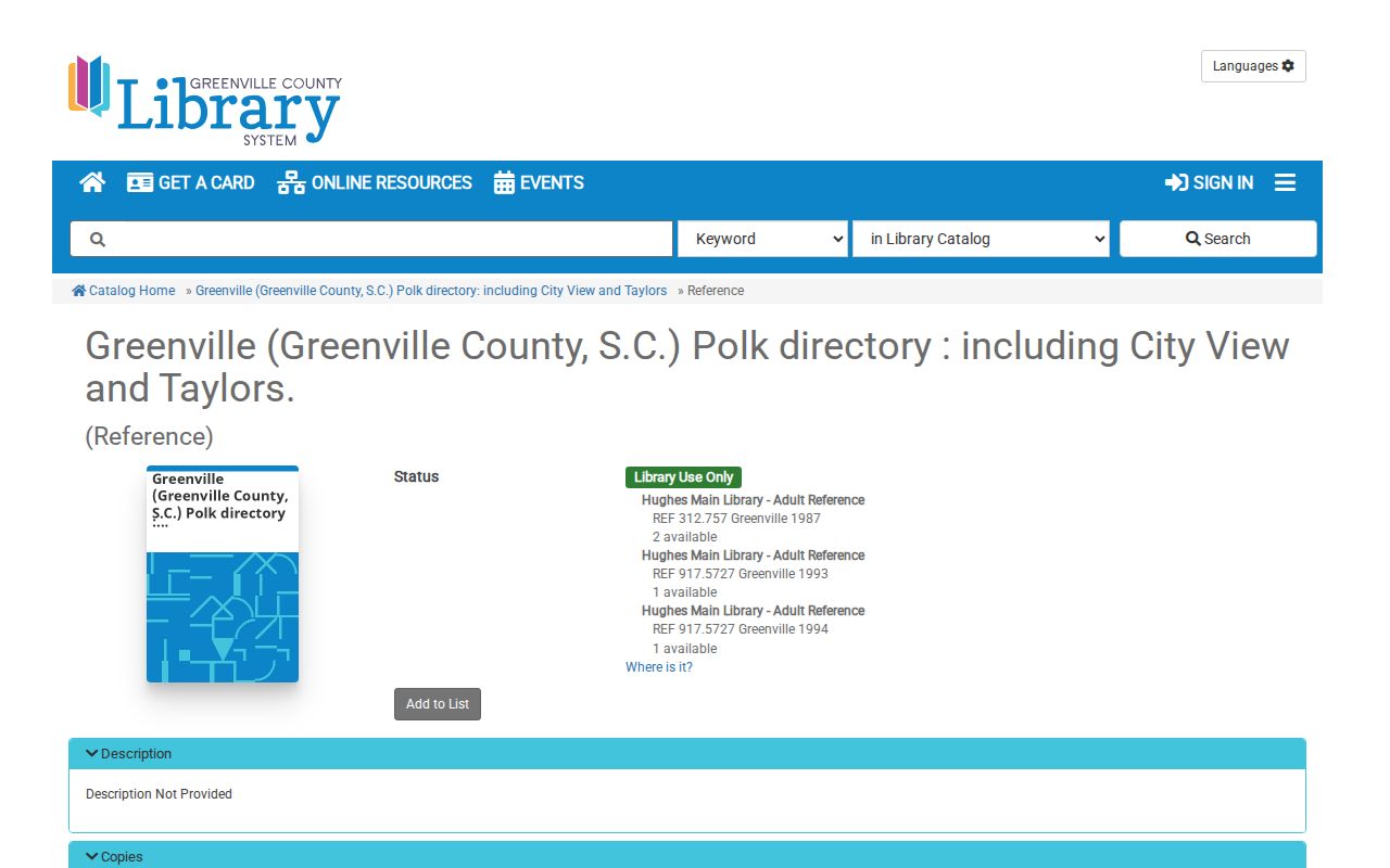 Greenville County city directory R. L. Polk catalog record