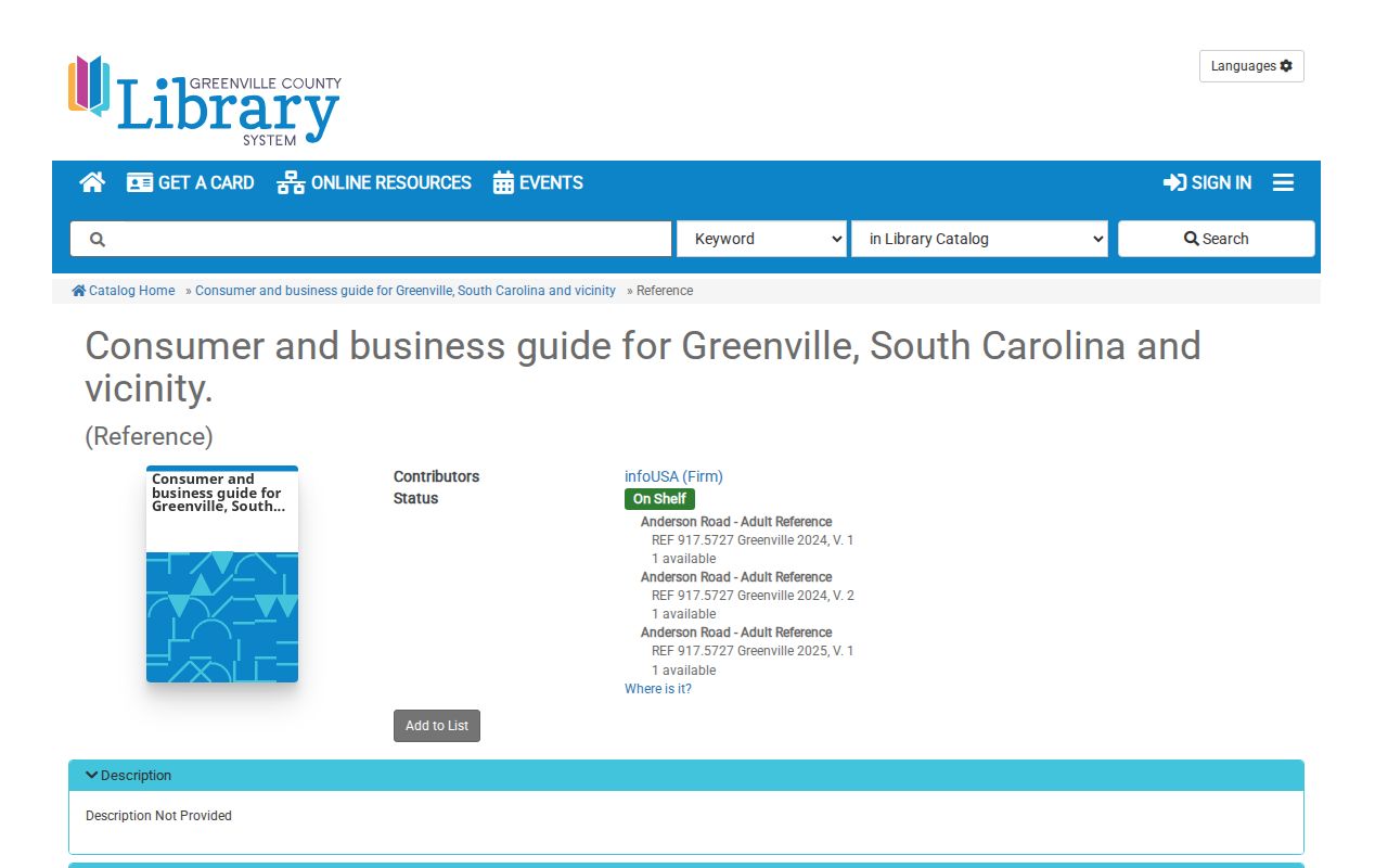 Greenville County city directory reverse directory catalog record