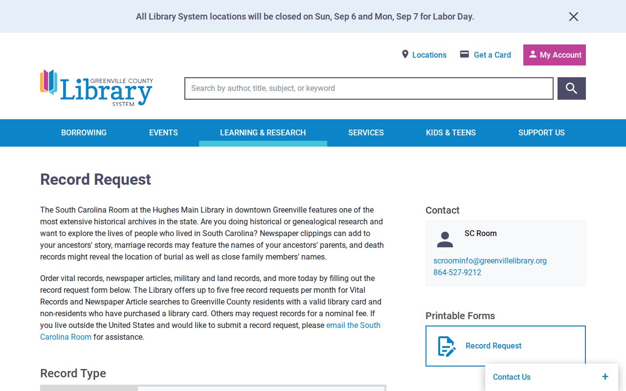 Greenville County residents directory library historical record request form