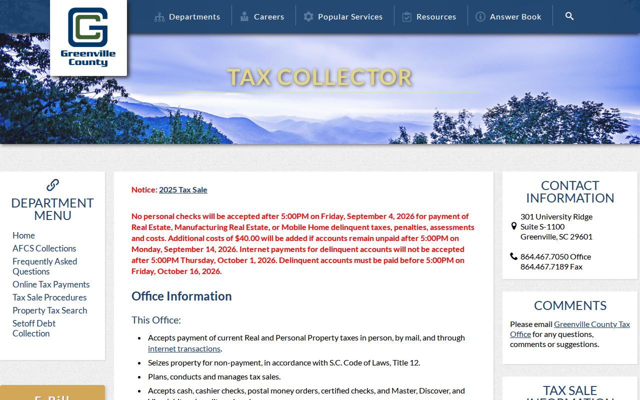 Greenville County neighbors Tax Collector information page