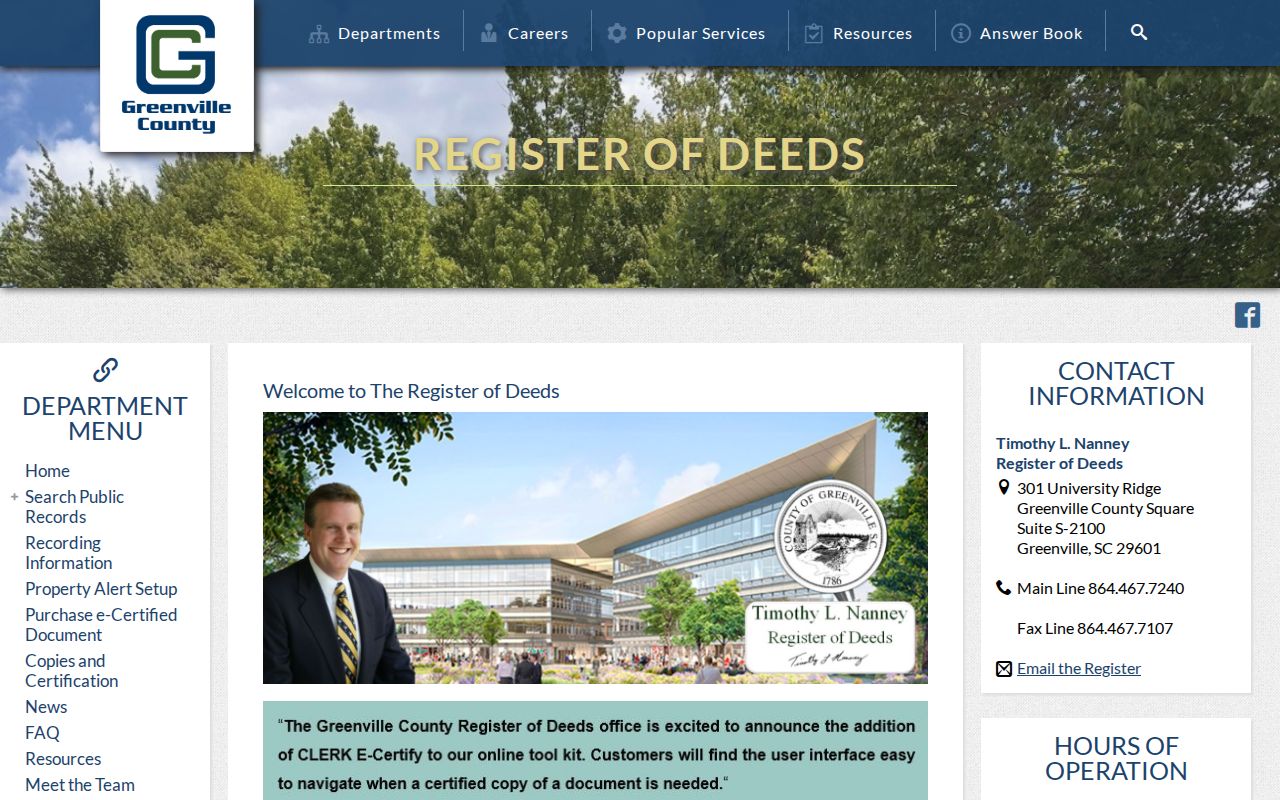 Greenville County previous residents Register of Deeds records page