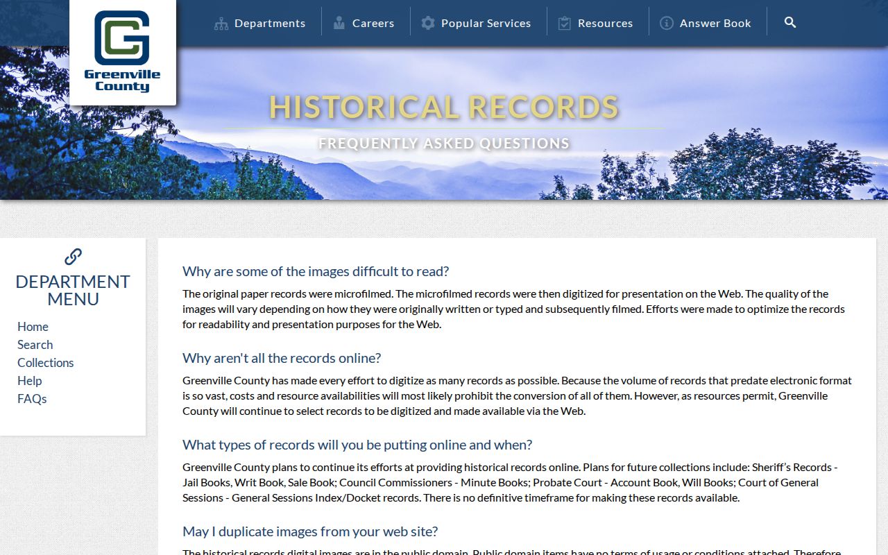 Greenville County previous residents Historical Records FAQ page