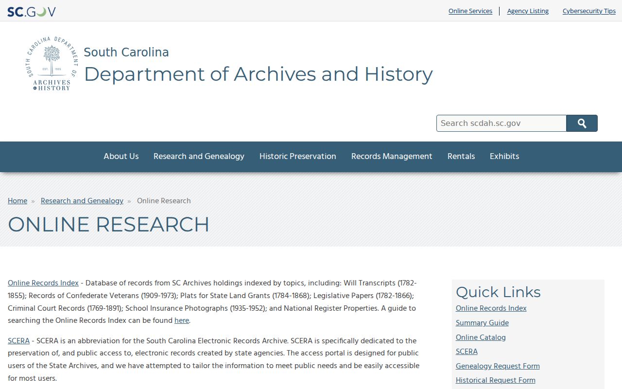 Greenville County previous residents South Carolina Archives online research page