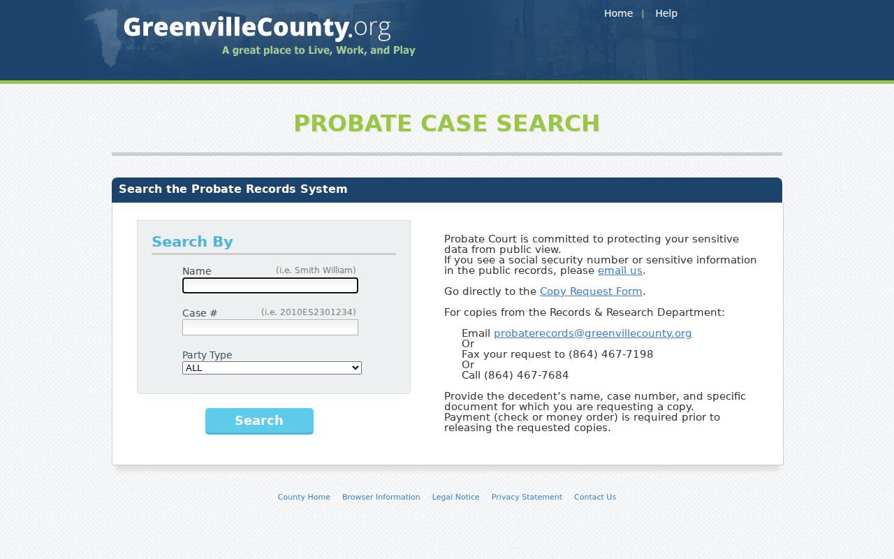 Greenville County resident lookup Probate Case Search page