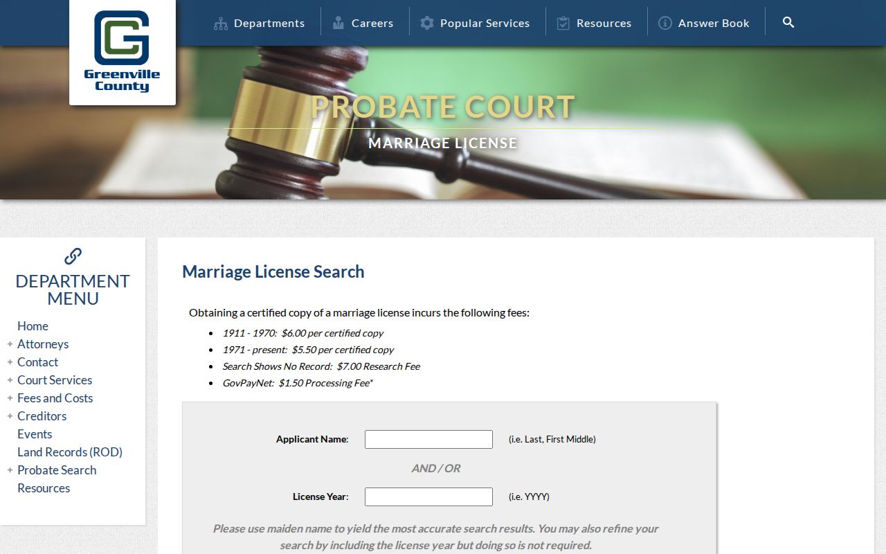 Greenville County resident lookup marriage license search form