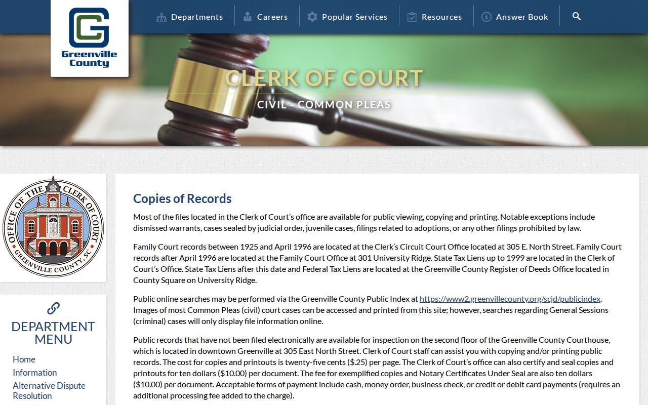 Greenville County resident lookup Clerk of Court records and copies page