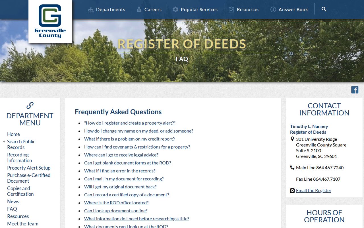 Greenville County street directory Register of Deeds address-search FAQ