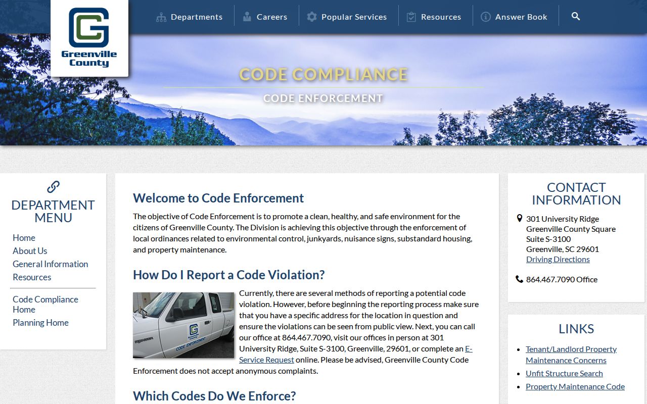 Greenville County street directory Code Enforcement page